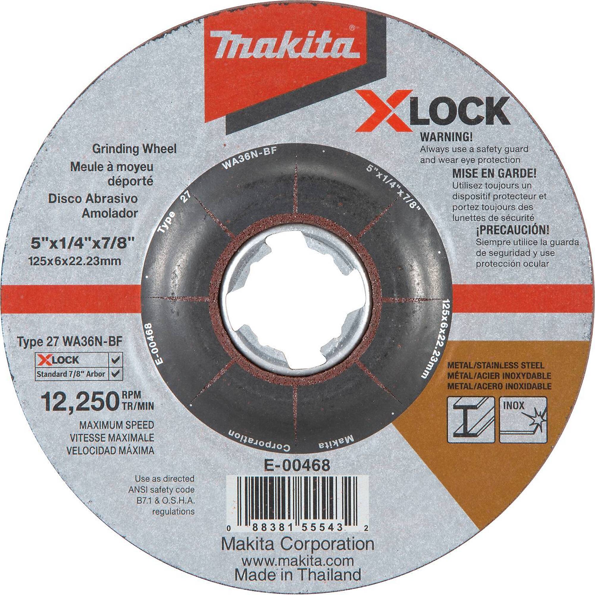 Makita® X-Lock 5" X 1/4" X 7/8" Metal & Stainless Grinding Wheel, 36 Grit, Model# E-00468